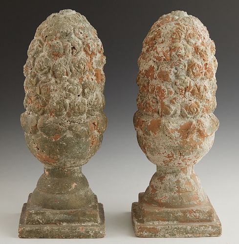 Pair of Glazed Terracotta Garden Finials, c. 1900, of pineapple form, on socle supports to stepped square bases, H.- 16 1/2 in., W.- 6 1/4 in., D.- 6 