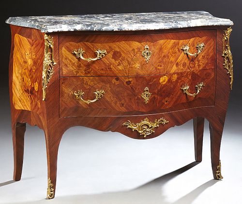 French Louis XV Style Marble Top Marquetry Inlaid Mahogany Bombe Commode, 20th c., the highly figured grey marble serpentine top above two marquetry i