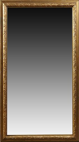 Large French Gilt and Gesso Aesthetic Style Overmantle Mirror, early 20th c., with a relief leaf decorated frame around a wide beveled plate, H.- 66 i
