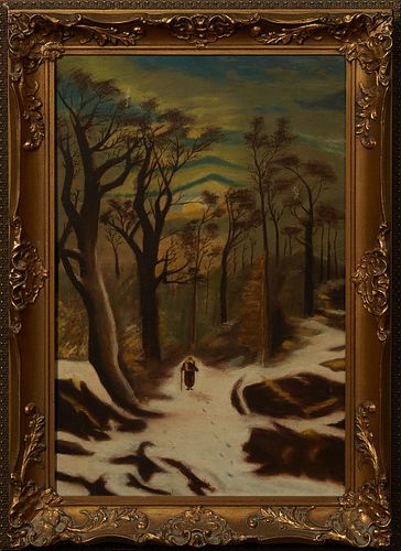 Daisy Chenoweth, "Going Home," early 20th c., oil on board, unsigned, presented in a gilt and gesso frame, H.- 23 1/4 in., W.- 15 in.