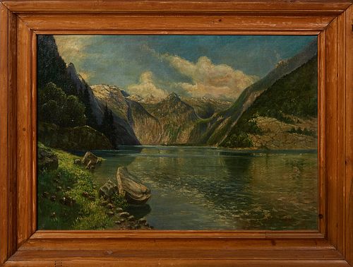 Carl Friedrich A. Lorentzen (1801-1880, German), "Alpine Lake Landscape," 19th c, oil on canvas, signed lower right "A. Lorentzen," , presented in a w