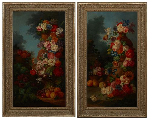 Dutch School, "Elaborate Floral and Fruit Still Life," early 20th c., pair of oils on canvas, one signed in monogram lower right "HB," presented in po