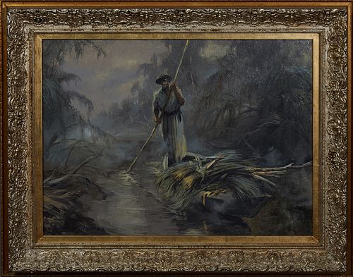 Raul Dominguez, "Straw Cutter in the Swamp," 20th c., oil on canvas, signed lower left, titled in Spanish verso, presented in a gilt and gesso frame, 