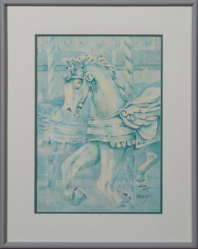 Peter Briant (New Orleans), "Carousel Horse," 20th c., watercolor, signed lower right, presented in a grey polychromed frame, H.- 20 1/4 in., W.- 14 1
