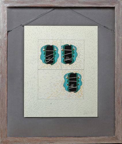 Leder (Poss. Wojciech Leder), "Abstract Shapes," 1979, mixed media, signed and dated lower right, presented in a double glazed washed oak frame, H.- 2