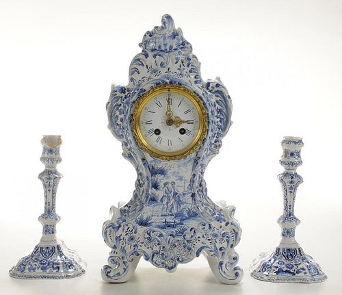 Delft Clock and Pair of Candlesticks