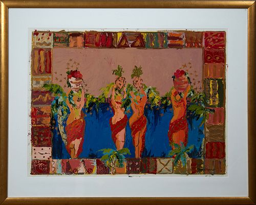 Lisa M. DiStefano (1959-, Baton Rouge), "Women with Fruit Baskets," 20th c., mixed media, signed lower right, presented in a wide gilt frame, H.- 29 1