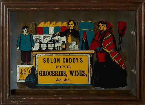 Unusual Reverse Transfer Mirror Back Shelf, 21st c., the mirror with a vintage looking sign "Solon Caddy's Fine Groceries, Wine,& c.," with interior b