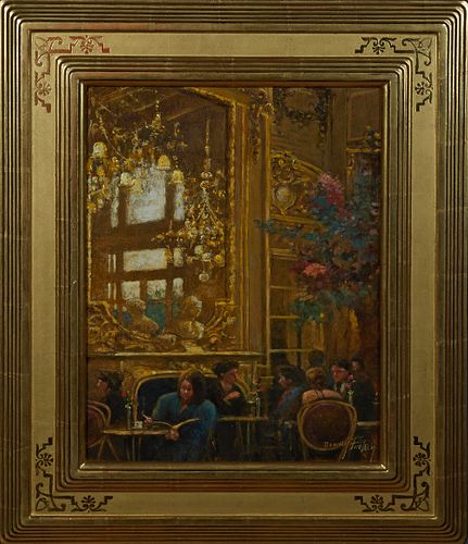 Donny Finley (1951- , Alabama), "New Orleans Bar Scene," 20th c., oil on canvas, signed lower right, presented in a stepped gilt frame, H.- 17 3/8 in.