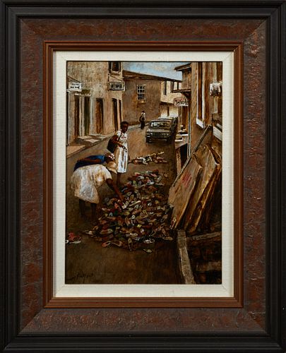Donny Finley (1951-, Alabama), "Shoes," 20th c., watercolor, signed lower right, with a suffix of "AWS," presented in a textured wood frame with a lin