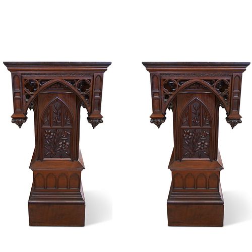 A Pair Of Monumental Gothic Revival Church Wood Pedestals