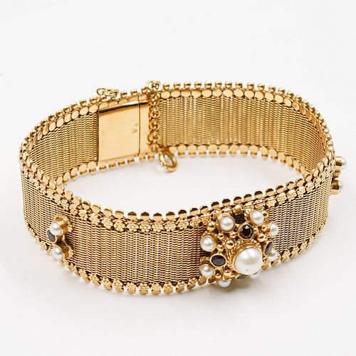 Vintage 18K Gold Mechanical Pearl & Ruby Bracelet