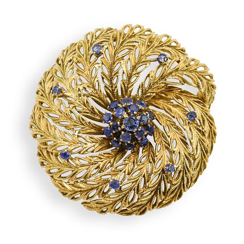 Italian 18k Gold and Sapphire Feather Brooch