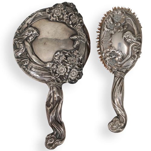 Art Nouveau Silver Hair Brush & Mirror Set