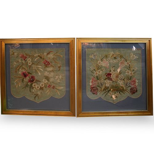 Pair Of Floral Needlepoints