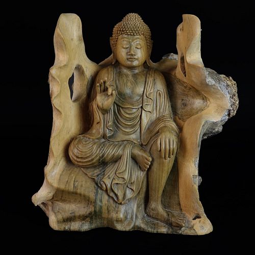 Vintage Deep Relief Carved Seated Buddha
