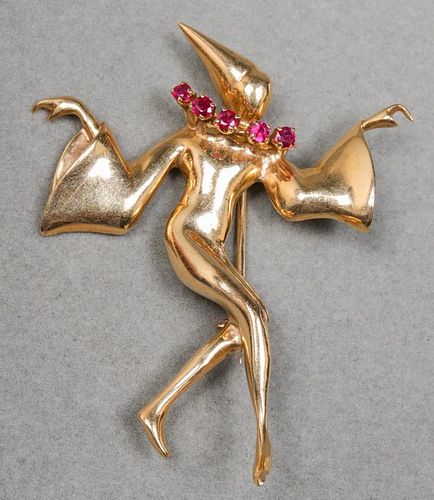 Vintage 14K Yellow Gold & Ruby Jester Brooch