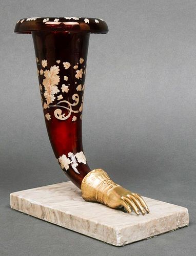 European Glass Rhyton Vase with Bronze Hand