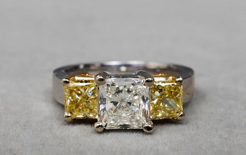 Three Stone Princess White & Yellow Diamond Ring