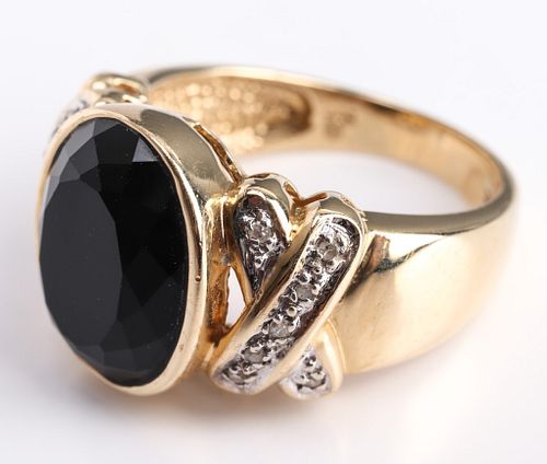 14K Yellow Gold, Onyx, & Diamond Ring