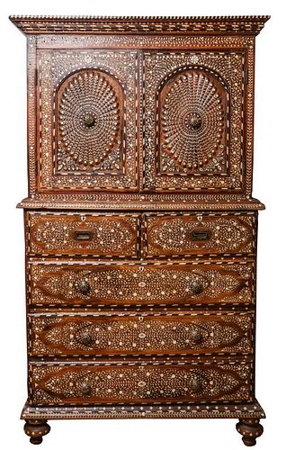 Anglo-Indian Bone Inlaid Chest on Chest, Antique