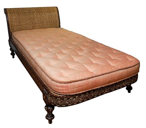 Anglo-Indian Bone Inlaid & Rattan Day Bed, Antique