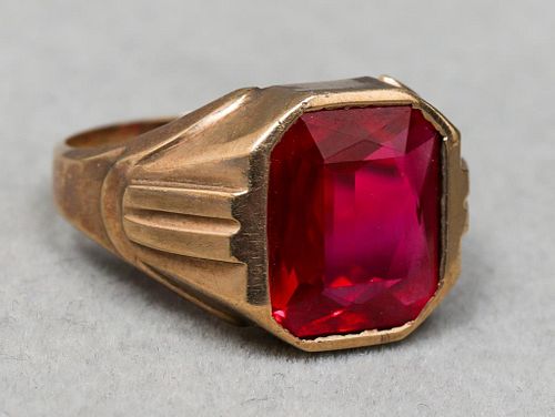 Art Deco 10K Yellow Gold Synthetic Ruby Ring