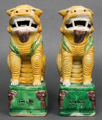 Chinese Polychrome Ceramic Foo Lions, Pair