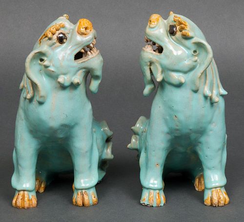 Chinese Turquoise Glazed Ceramic Lions, Pair