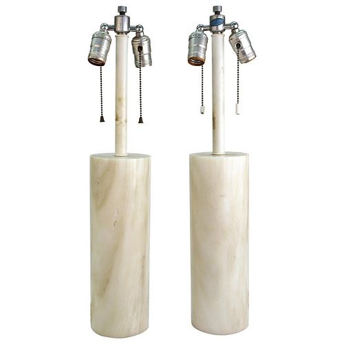 Mid-Century Nessen White Marble Table Lamps, Pair