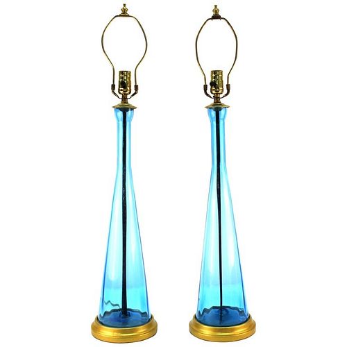 Italian Mid-Century Blue Glass Table Lamps, Pair