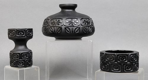 Mid-Century Modern Black Glass Vases & Bowl, 3