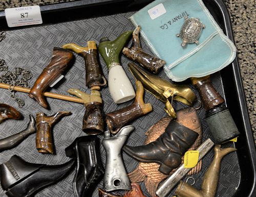 Tray lot of assorted collectibles to include leg and boot boxes, shoe boxes, silver turtle box, etc.