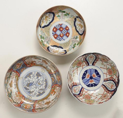 Three Finely Painted Deep Imari Bowls