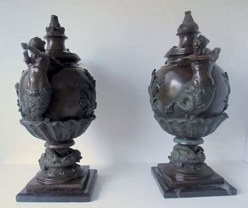 A Pair Of Bronze Lidded Urns Signed A. Moreau.