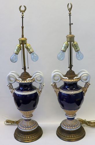 Pair Of Meissen Cobalt And White Porcelain Urns