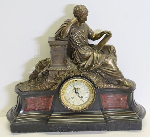 Antique French Bronze And Marble Figural Clock