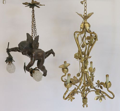 Art Nouveau Brass Chandelier Together With A