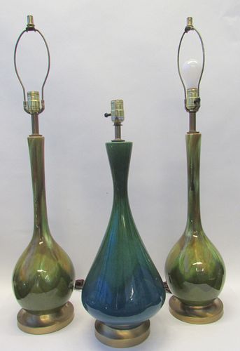 3 Midcentury Lava Glazed Porcelain Lamps.