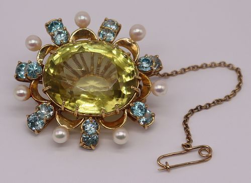 JEWELRY. 18kt Gold, Colored Gem, and Pearl Brooch