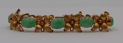 JEWELRY. 14kt Gold & Jade Foliate Design Bracelet.