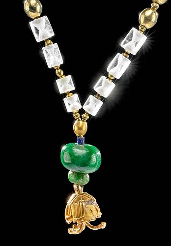 Pre-Columbian 18K Gold, Jade, & Quartz Necklace