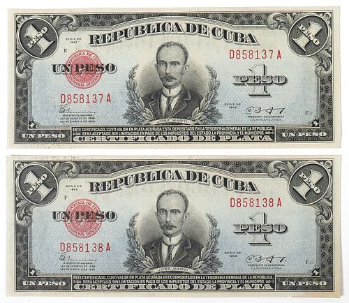 (2) UNC 1943 Republic of CUBA Peso Silver Certificate