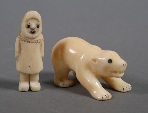 (2) Vintage Inuit Carved Ivory Eskimo Polar Bear