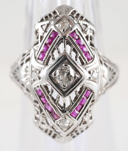 14K White Gold Edwardian Diamond & Ruby Ring