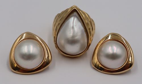 JEWELRY. 3 Pc. 14kt Gold and Mabe Pearl Jewelry