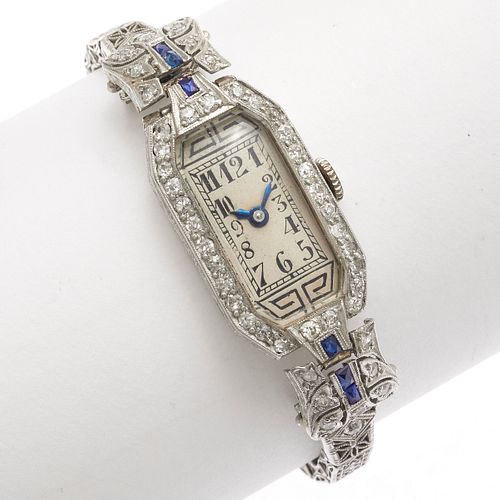 Art Deco Diamond, Synthetic Sapphire, Platinum, 14k Watch