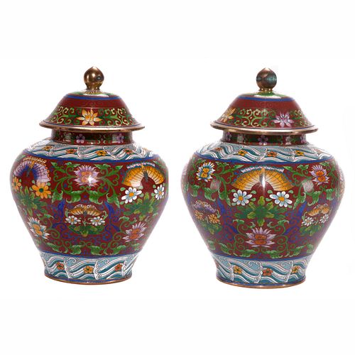 Pair of Cloisonne Enamel Lidded Jars, 20th Century