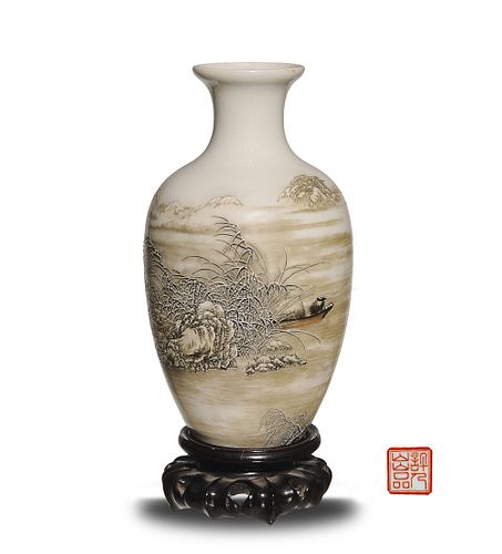Chinese Snow Scene Vase by He Xuren, Republic
