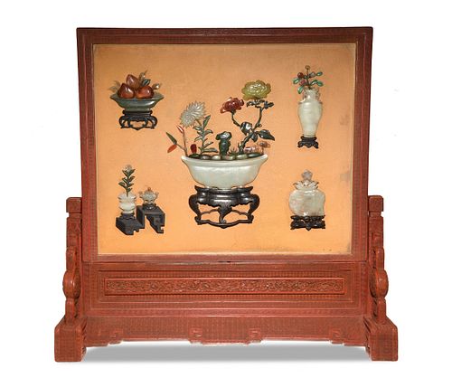 Chinese Cinnabar and Stone Table Screen, 18th Century